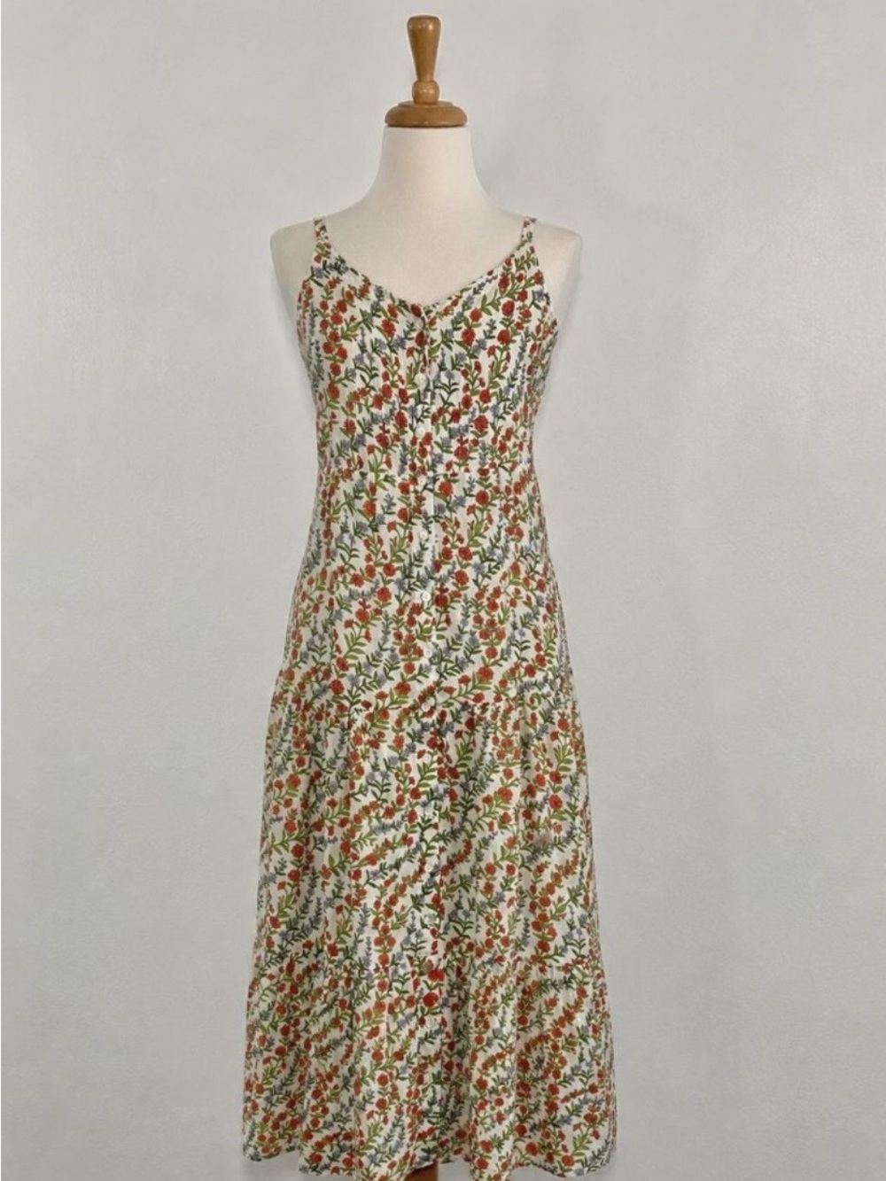 Banjanan Floral Button-Front Maxi Dress - White with Red & Green Print